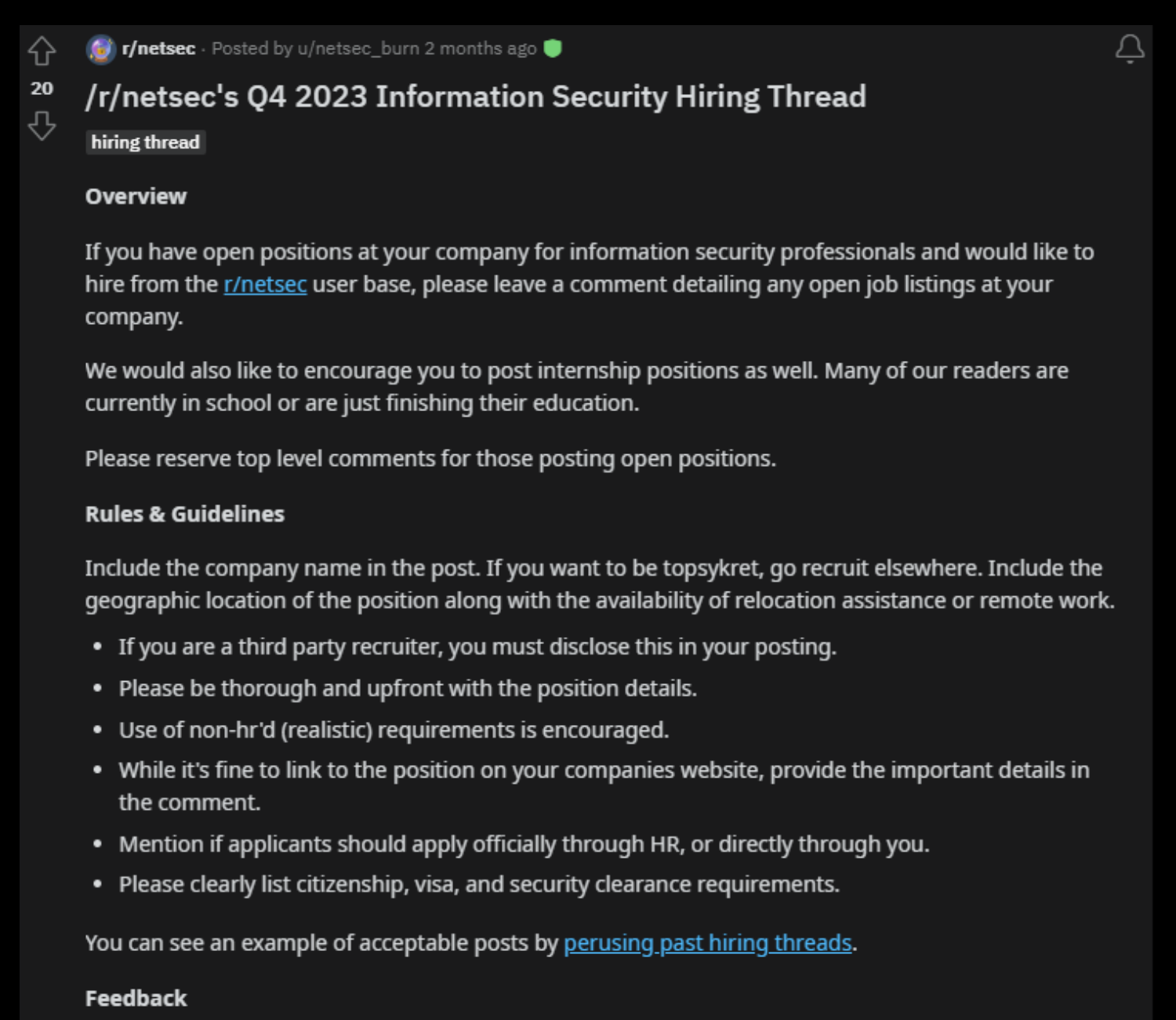 Screenshot of the r/netsec Q4 Information Security Hiring Thread, showing the overview inviting companies to post open positions and a Rules and Guidelines list requiring company name, geographic location, remote availability, third-party recruiter disclosure, realistic requirements, and whether to apply through HR or directly.