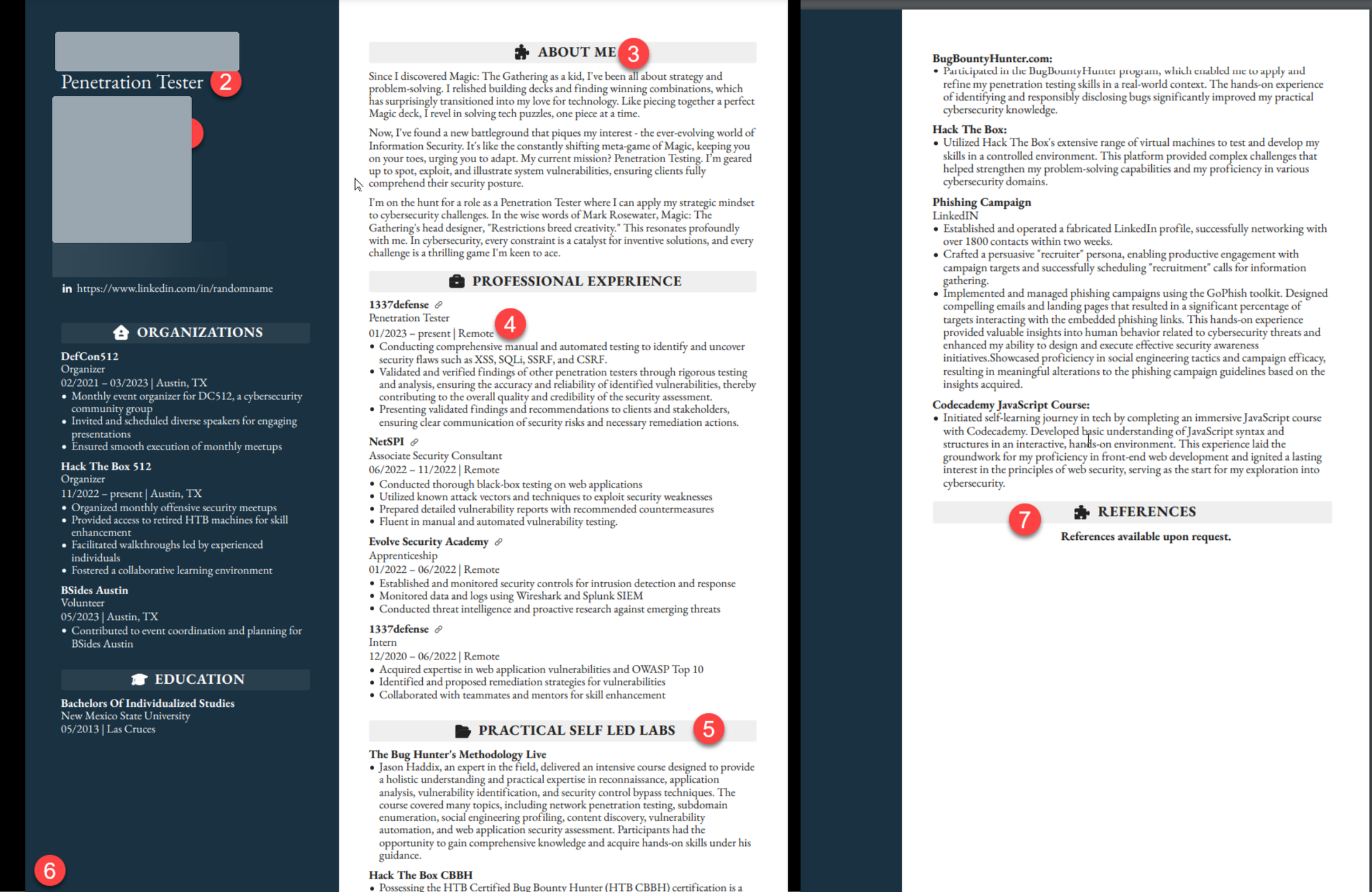 The rebuilt resume: a dark sidebar with photo, title, organizations and education, a main column with About Me, Professional Experience written as outcomes, a Practical Self-Led Labs section, and References, with numbered annotation badges.