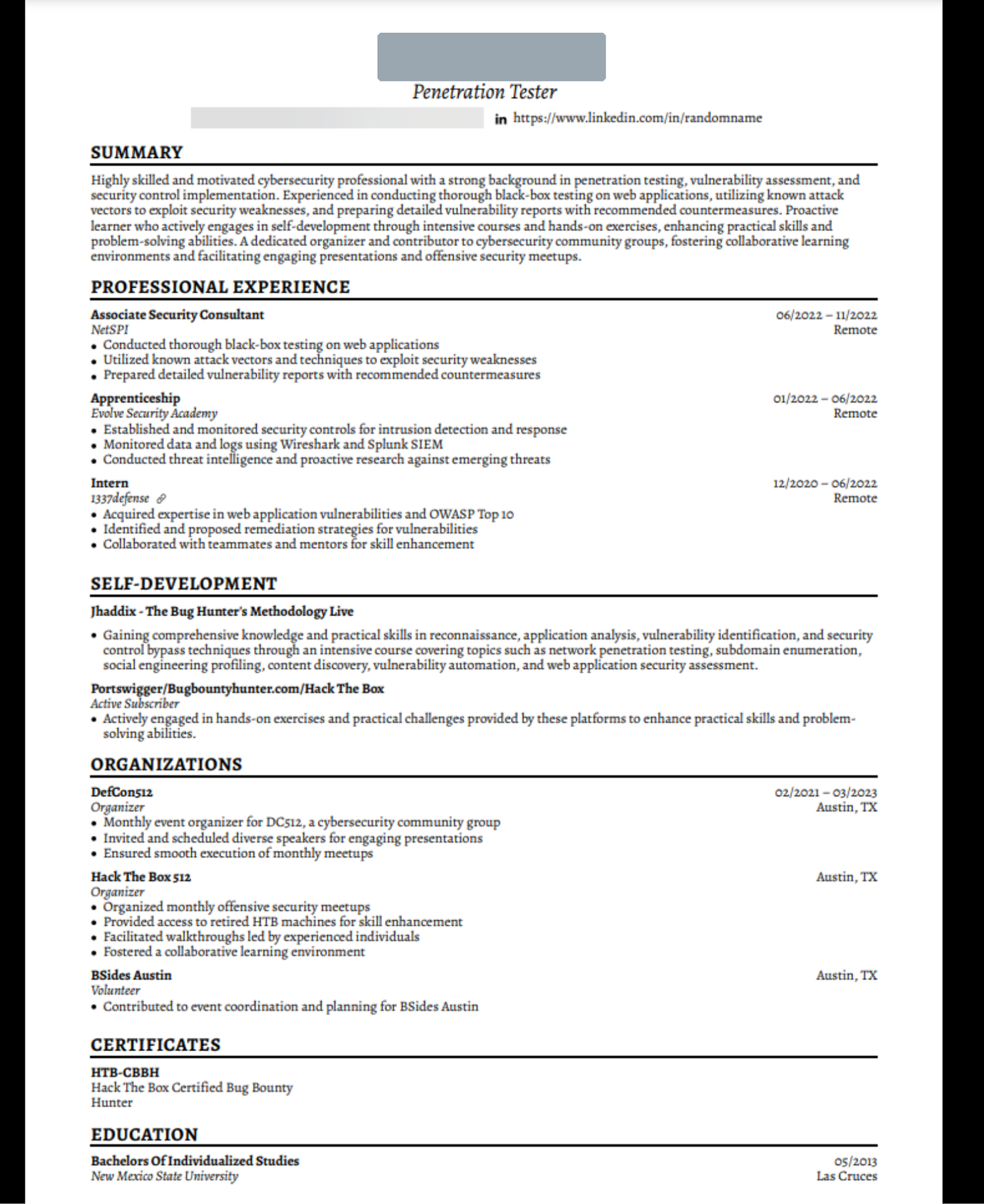 The original single-column resume: a Summary paragraph, Professional Experience listing duties, a section headed Self-Development, then Organizations, Certificates and Education.